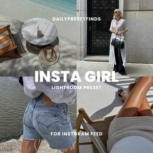 Peut inclure: Un produit numérique pour éditer des photos avec une esthétique claire et aérée. Le texte "Insta Girl Lightroom Preset" est affiché sur un collage d'images mettant en scène une femme en robe blanche, une personne portant un short en jean et une chaise en bois.