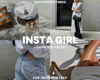 May include: A digital product for editing photos with a light and airy aesthetic. The text "Insta Girl Lightroom Preset" is displayed on a collage of images featuring a woman in a white dress, a person wearing denim shorts, and a wooden chair.