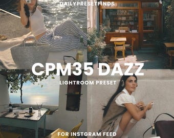 May include: A collage featuring lifestyle images with the text "DAILYPRESETFINDS", "CPM35 DAZZ", "LIGHTROOM PRESET", and "FOR INSTAGRAM FEED". The images show a person with a camera, a cafe, and a person listening to music.