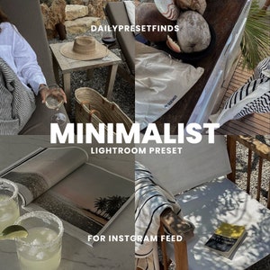 Puede incluir: Un collage de imágenes con una estética minimalista. Las imágenes incluyen a una persona sosteniendo una copa de vino, un sombrero de paja, un libro y una toalla a rayas. El texto "MINIMALIST LIGHTROOM PRESET FOR INSTAGRAM FEED" se muestra en la imagen.