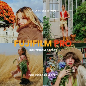 Puede incluir: Un collage de cuatro imágenes con una estética vintage y cálida. El texto "FUJIFILM PRO LIGHTROOM PRESET" se muestra en naranja. El texto adicional incluye "DAILYPRESETFINDS" y "FOR INSTAGRAM FEED". Las imágenes muestran personas y flores.