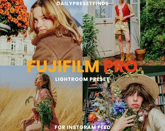 May include: A collage featuring four images with a warm, vintage aesthetic. The text "FUJIFILM PRO LIGHTROOM PRESET" is displayed in orange. Additional text includes "DAILYPRESETFINDS" and "FOR INSTAGRAM FEED". The images showcase people and flowers.
