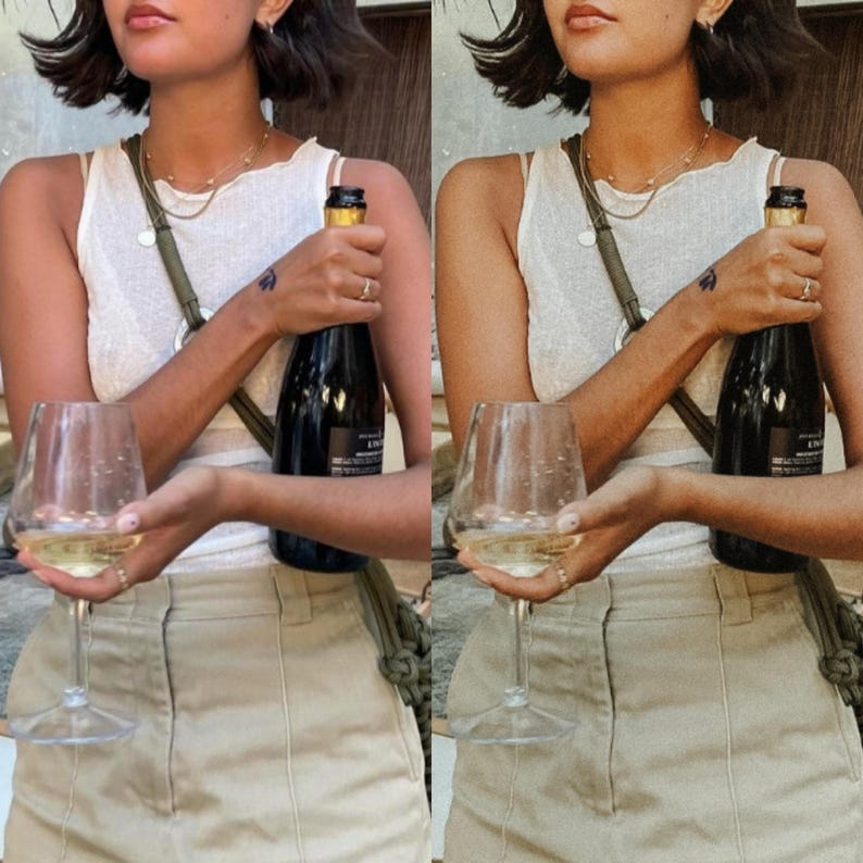May include: A woman wearing a white tank top and khaki pants holds a bottle of champagne and a glass of white wine.