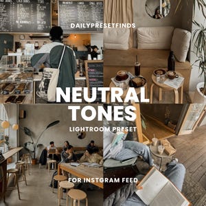 May include: A collage of images featuring a coffee shop interior with neutral tones. The images show people sitting at tables, drinking coffee, and reading books. The text "DAILYPRESETFINDS" and "NEUTRAL TONES" is displayed on the image.