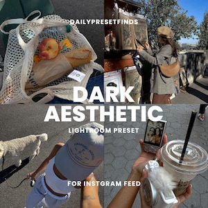 May include: A digital photo preset for Instagram featuring a dark aesthetic. The preset is called "Dark Aesthetic Lightroom Preset" and is for Instagram feed. The image shows a variety of scenes, including a person holding a coffee, a dog walking, and a person browsing a market.