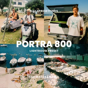 May include: A collage of images featuring a vintage aesthetic. The top left image shows a person riding a scooter. The top right image shows a white pickup truck. The bottom left image shows a group of people relaxing on a beach. The bottom right image shows a dock with boats. The text "DAILY PRESET FINDS" is at the top of the collage. The text "PORTRA 800" is in the middle of the collage. The text "LIGHTROOM PRESET" is below the text "PORTRA 800". The text "FOR INSTAGRAM FEED" is at the bottom of the collage.