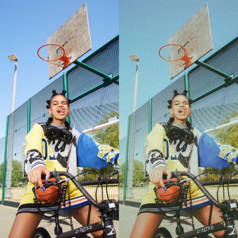 K&ouml;nnte beinhalten: Eine Person tr&auml;gt ein gelbes und blaues Trikot mit einem schwarz-wei&szlig;en Grafikdruck und f&auml;hrt ein schwarzes Fahrrad mit einem Basketball in der Hand. Die Person tr&auml;gt ein schwarzes Stirnband und hat die Zunge herausgestreckt. Der Hintergrund ist ein gr&uuml;ner Maschendrahtzaun und ein Basketballkorb.