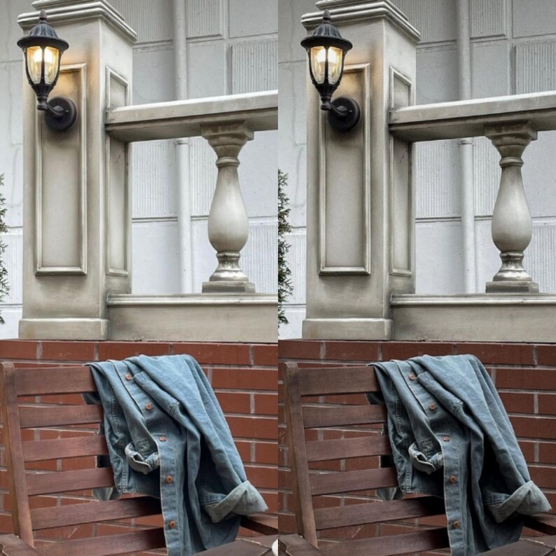 May include: Two wooden chairs with a denim jacket draped over the back of each chair. The chairs are in front of a brick wall and a white stone wall with a black lamp on each side.