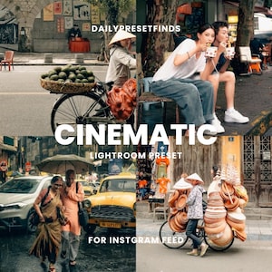 以下が含まれることがあります： Instagram フィード用の「シネマティック」という Lightroom プリセットを紹介する4枚の画像のコラージュ。画像には、野菜の入ったバスケットをつけた自転車に乗っている人、カフェで食事をしているカップル、雨の中を歩いているカップル、自転車でたくさんの陶器の皿を運んでいる人が写っています。