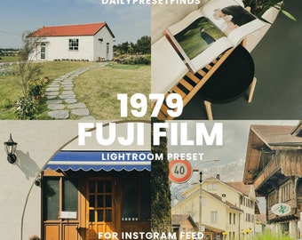 May include: A collage of images featuring a white building with a red roof, a book on a wooden table, a storefront with a blue awning, and a street scene with a yellow building. The text "1979 FUJIFILM LIGHTROOM PRESET FOR INSTAGRAM FEED" is superimposed on the images.