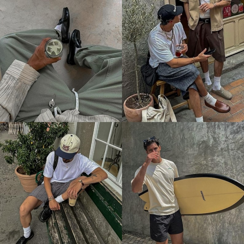 May include: Four different men wearing various outfits, including a white t-shirt with a graphic, a white t-shirt with a graphic, a white t-shirt with a graphic, and a white t-shirt with a graphic. The men are standing in different locations, including a park, a street, and a beach. The men are all wearing casual clothing, including jeans, shorts, and sneakers.
