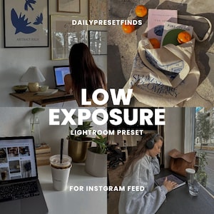 Peut inclure: Un collage d'images mettant en scène une femme travaillant sur un ordinateur portable, un sac fourre-tout avec le texte "Shakespeare & Company", une tasse de café et une femme écoutant de la musique avec des écouteurs. Le texte "LOW EXPOSURE LIGHTROOM PRESET FOR INSTAGRAM FEED" est affiché au centre du collage.