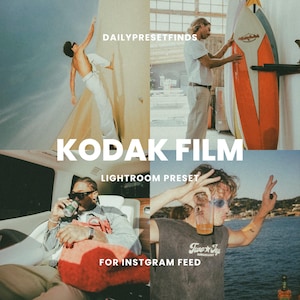 Può includere: Un collage di quattro immagini con un'estetica da film vintage. Le immagini mostrano una persona che scala un muro, una persona che tiene una tavola da surf, una persona seduta in un'auto e una persona che tiene un drink su una barca. Il testo "KODAK FILM" è visualizzato al centro del collage, con il testo "LIGHTROOM PRESET" sotto. Il testo "FOR INSTAGRAM FEED" è visualizzato nella parte inferiore del collage.