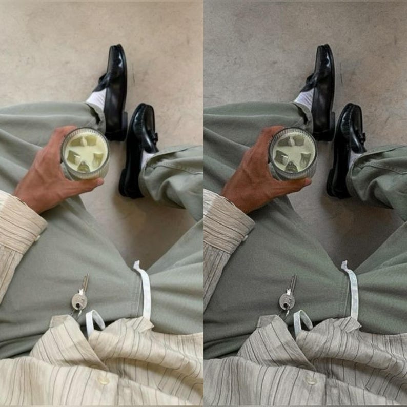 May include: A person wearing green pants and a striped shirt holds a glass of iced matcha. They are wearing black loafers and white socks. A silver key is visible on the pants.