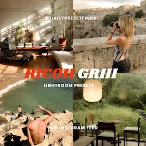 May include: A collage of four images featuring interior and outdoor scenes with the text DAILYPRESETFINDS, RICOH GRIII, and LIGHTROOM PRESETS FOR INSTGRAM FEED. The images show a lounge chair, a person with a camera, a beach, and a garden setting.