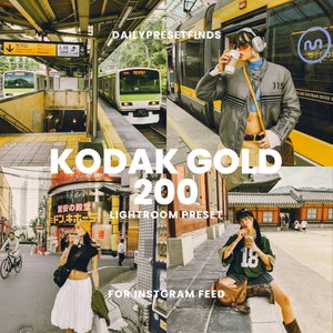 May include: A digital preset for Lightroom called "Kodak Gold 200" for Instagram feed. The preset is designed to give photos a vintage, warm, and golden look. The image shows a collage of photos with the preset applied.