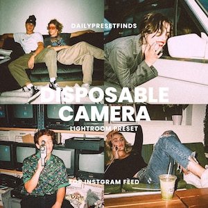 Puede incluir: Un producto digital para editar fotos para que parezcan tomadas con una cámara desechable. La imagen muestra un collage de personas en varios entornos, con una estética vintage. El texto "Disposable Camera Lightroom Preset for Instagram Feed" se muestra en la imagen.