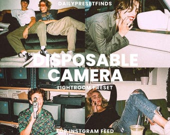 May include: A digital product for editing photos to look like they were taken with a disposable camera. The image shows a collage of people in various settings, with a vintage aesthetic. The text "Disposable Camera Lightroom Preset for Instagram Feed" is displayed on the image.