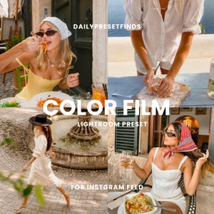 May include: A collage featuring four lifestyle images. The text "COLOR FILM" and "LIGHTROOM PRESET" are displayed. The images show people enjoying food, drinks, and outdoor activities. The text "FOR INSTAGRAM FEED" is also visible.