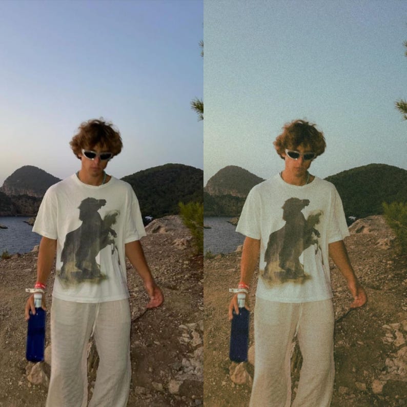 K&ouml;nnte beinhalten: Eine Person tr&auml;gt ein wei&szlig;es T-Shirt mit einem schwarz-wei&szlig;en Grafikdruck eines Pferdes und Reiters. Sie tr&auml;gt eine Sonnenbrille und eine wei&szlig;e Hose. Die Person h&auml;lt eine blaue Wasserflasche in ihrer rechten Hand.