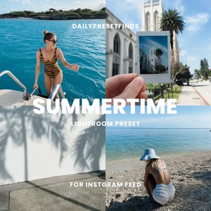 May include: A collage of four images featuring a summer theme. The top left image shows a woman in a swimsuit swimming in the ocean. The top right image shows a hand holding a Polaroid photo of a church. The bottom left image shows a white wall with palm tree shadows. The bottom right image shows a woman in a hat sitting on a beach.