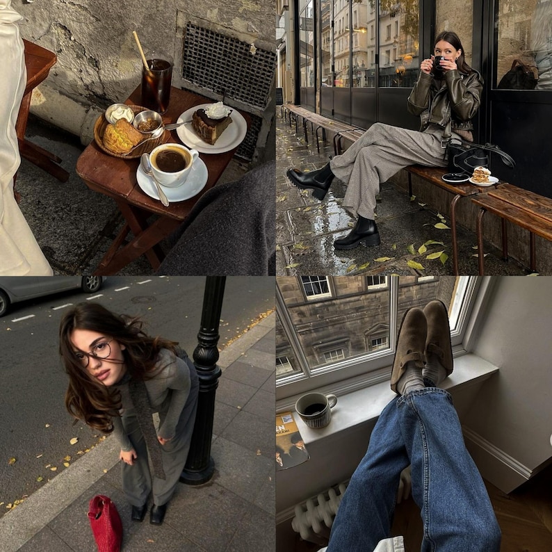 Puede incluir: Un collage que muestra una mesa de madera con caf&eacute; y pastel, una persona con chaqueta oscura y pantalones grises sentada en un banco, una persona con cuello alto gris y bufanda, y unos vaqueros azules con zuecos de ante marr&oacute;n junto a una ventana.
