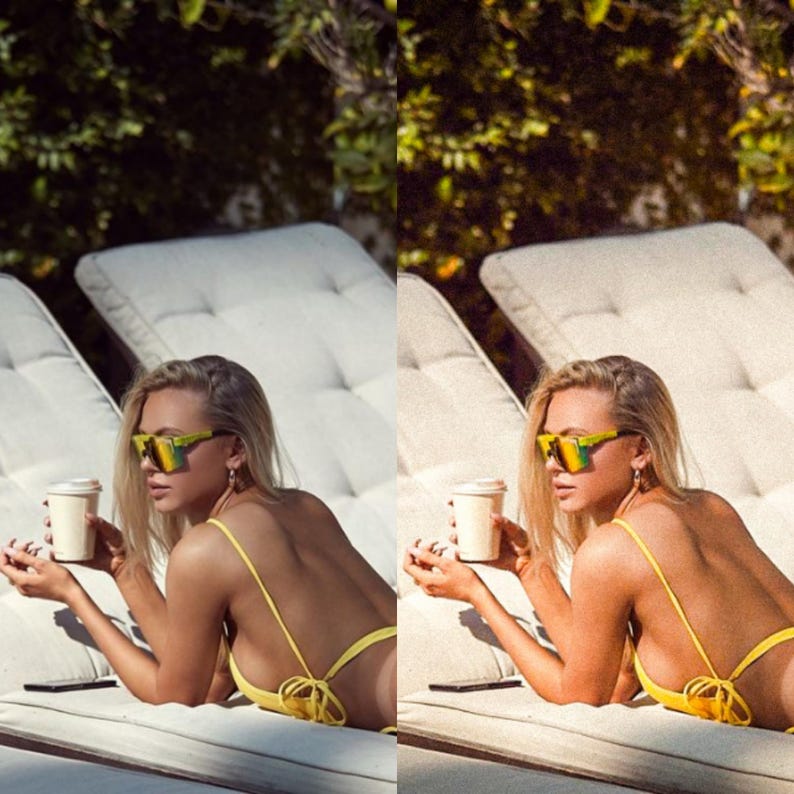 May include: A woman wearing yellow sunglasses and a yellow bikini top is lying on a white lounge chair by a pool. She is holding a white to-go coffee cup.