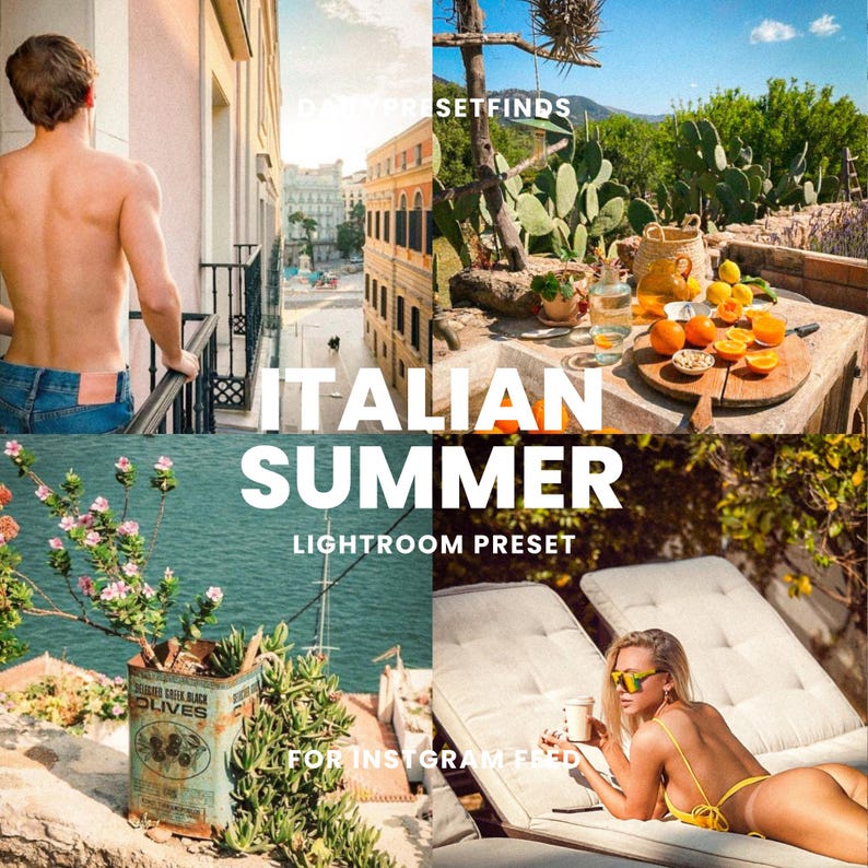 May include: A collage of four images showcasing an Italian summer theme. The top left image shows a man in a blue shirt standing on a balcony overlooking a city street. The top right image shows a table with oranges, lemons, and a pitcher of lemonade on a patio with a cactus plant. The bottom left image shows a can of olives on a stone wall with a view of a boat in the water. The bottom right image shows a woman in a yellow bikini lying on a lounge chair with a glass of lemonade.