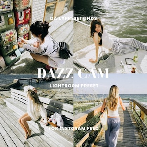 Puede incluir: Un collage de cuatro fotos de estilo de vida con una estética luminosa y aireada. Las imágenes muestran a personas en varios entornos al aire libre, incluyendo una playa y un paseo marítimo. Las superposiciones de texto incluyen "DAILYPRESETFINDS", "DAZZ CAM", "LIGHTROOM PRESET" y "FOR INSTAGRAM FEED."