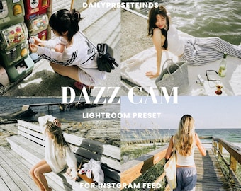 May include: A collage of four lifestyle photos with a light and airy aesthetic. The images feature people in various outdoor settings, including a beach and a boardwalk. Text overlays include "DAILYPRESETFINDS," "DAZZ CAM," "LIGHTROOM PRESET," and "FOR INSTAGRAM FEED."