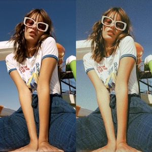 K&ouml;nnte beinhalten: Eine Frau tr&auml;gt eine wei&szlig;e Sonnenbrille und ein wei&szlig;es T-Shirt mit blauem Besatz und dem Text "Follow the Sun" in Rot. Sie tr&auml;gt eine blaue karierte Hose und sitzt mit verschr&auml;nkten Armen.
