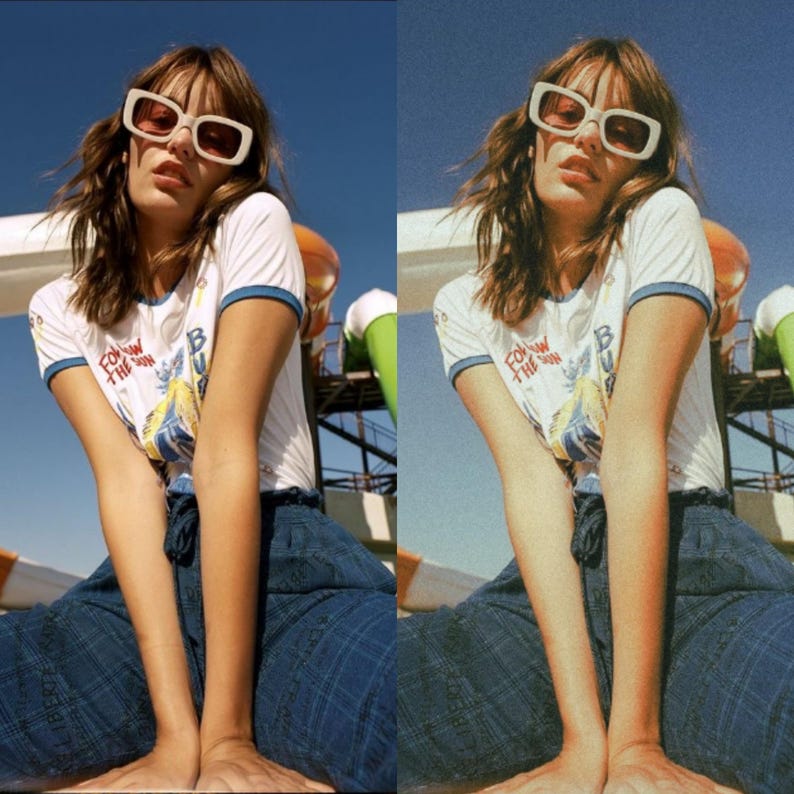 K&ouml;nnte beinhalten: Eine Frau tr&auml;gt eine wei&szlig;e Sonnenbrille und ein wei&szlig;es T-Shirt mit blauem Besatz und dem Text "Follow the Sun" in Rot. Sie tr&auml;gt eine blaue karierte Hose und sitzt mit verschr&auml;nkten Armen.
