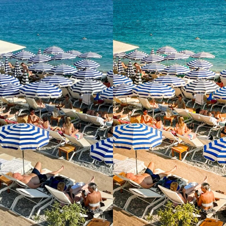 May include: A beach scene with people relaxing under striped blue and white umbrellas. The beach is covered in white sand and there are white lounge chairs with people sitting on them. The water is a bright blue and there are boats in the distance.