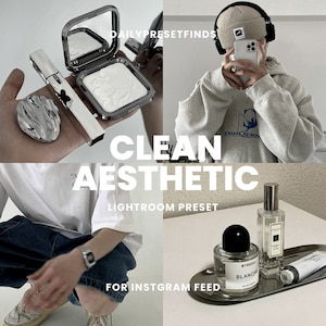 May include: A collage of images showcasing a clean aesthetic theme. The top left image shows a silver compact with a white powder inside and a silver tube of makeup. The top right image shows a person wearing a gray hoodie with a blue graphic and a beige beanie. The bottom left image shows a person wearing a white shirt, blue jeans, and a silver watch. The bottom right image shows a silver tray with a clear glass bottle of perfume and a black bottle of perfume with the text "Byredo Blanche" on the label.