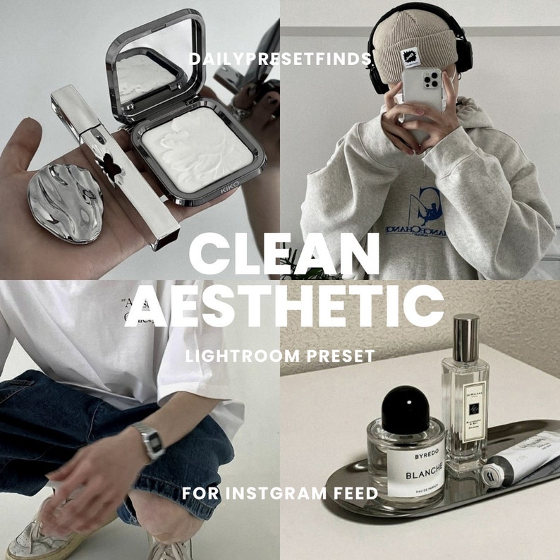 May include: A collage of images showcasing a clean aesthetic theme. The top left image shows a silver compact with a white powder inside and a silver tube of makeup. The top right image shows a person wearing a gray hoodie with a blue graphic and a beige beanie. The bottom left image shows a person wearing a white shirt, blue jeans, and a silver watch. The bottom right image shows a silver tray with a clear glass bottle of perfume and a black bottle of perfume with the text "Byredo Blanche" on the label.