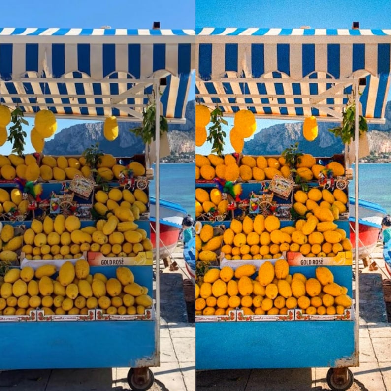 May include: A blue and white striped wooden stand with a blue base, filled with yellow lemons and mangoes. The stand is on a beach with a blue sky and water in the background. The stand has a sign that says "Gold Rose".