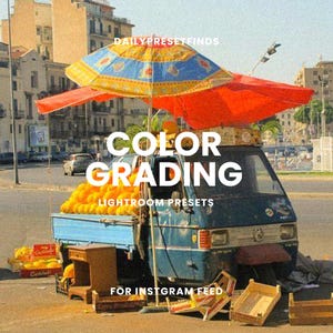 May include: A blue three-wheeled utility vehicle loaded with yellow melons, featuring a large blue and yellow patterned umbrella and a red umbrella overhead. The text reads DAILYPRESETFINDS COLOR GRADING LIGHTROOM PRESETS FOR INSTGRAM FEED.