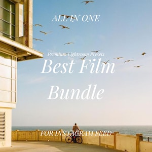 May include: A photo of a person riding a bicycle on a pier overlooking the ocean. The sky is blue and there are seagulls flying overhead. The text "ALL IN ONE" and "Best Film Bundle" is displayed on the image. The text "FOR INSTAGRAM FEED" is also displayed on the image.