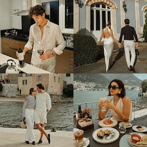 May include: A collage of four images featuring couples in various settings. The top left image shows a man pouring wine into a glass. The top right image shows a couple walking away from the camera. The bottom left image shows a couple embracing. The bottom right image shows a woman sitting at a table with a drink and food.