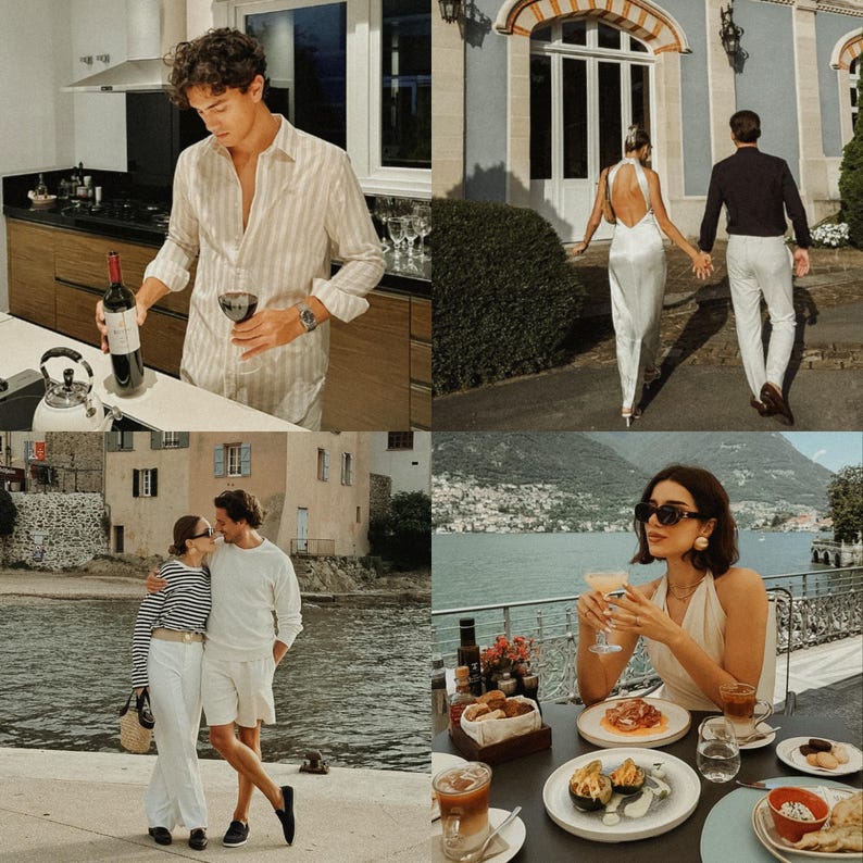 May include: A collage of four images featuring couples in various settings. The top left image shows a man pouring wine into a glass. The top right image shows a couple walking away from the camera. The bottom left image shows a couple embracing. The bottom right image shows a woman sitting at a table with a drink and food.