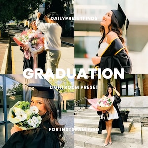 May include: A graduation photo collage featuring a woman in a black cap and gown holding a bouquet of white flowers. The collage also includes a couple celebrating graduation and a woman walking down a set of stairs.
