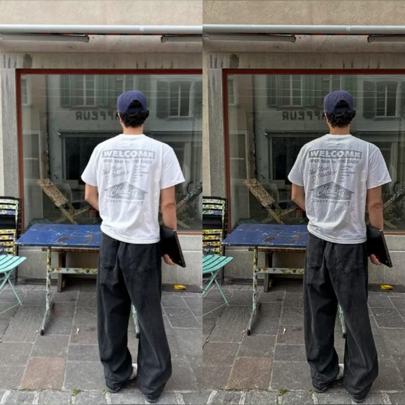 May include: A person wearing a white t-shirt with the text "WELCOME" and a blue baseball cap. The t-shirt has a graphic of a building with the text "The New Hotel" and "Chelsea" on it. The person is standing in front of a storefront with a blue door and a sign that says "rueff" in white letters.