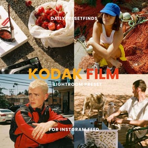 May include: A collage featuring various lifestyle images. Includes a close-up of cherries in a mesh bag, a person wearing a blue cap, a person in a red jacket, and a person with sheep. Text overlays read "DAILY RESETFINDS", "KODAK FILM LIGHTROOM PRESET", and "FOR INSTAGRAM FEED".