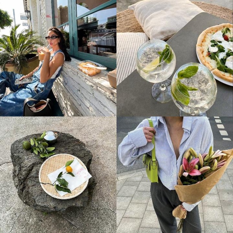 May include: A collage of four images. The top left image shows a woman wearing a blue denim jumpsuit and holding a glass of iced tea. The top right image shows two glasses of gin and tonic with fresh mint and lime. The bottom left image shows a rock with a small potted plant and a woven basket with a lemon. The bottom right image shows a person wearing a blue and white striped shirt and holding a bouquet of pink lilies.
