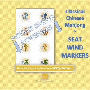 Puede incluir: Una descarga digital con marcadores de viento de asiento de Mahjong chino clásico. El diseño incluye marcadores circulares con caracteres chinos en azul, rojo y marrón. El texto "INSTANT DIGITAL DOWNLOAD" es visible. El fondo es amarillo.