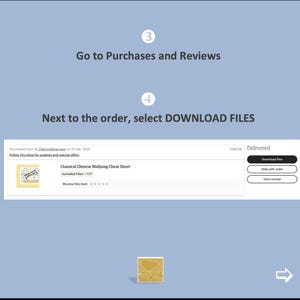 K&ouml;nnte beinhalten: Ein Screenshot mit Anweisungen zum Herunterladen eines digitalen Produkts. Der Text enth&auml;lt "Go to Purchases and Reviews" und "Next to the order, select DOWNLOAD FILES". Ein Produkteintrag f&uuml;r ein "Classical Chinese Mahjong Cheat Sheet" ist sichtbar.