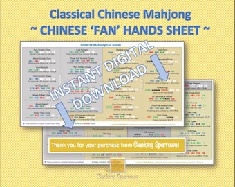Pode incluir: Uma impressão digital intitulada "Classical Chinese Mahjong - Chinese 'Fan' Hands Sheet". A folha exibe várias combinações de mãos de Mahjong com notações numéricas e de caracteres, em um fundo amarelo.