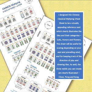 K&ouml;nnte beinhalten: Zwei wei&szlig;e, bedruckte Bl&auml;tter mit chinesischen Mahjong-Kachelillustrationen und Text. Die Bl&auml;tter zeigen Kachelkategorien, einschlie&szlig;lich Anz&uuml;ge, Ehren und Blumen, mit dem Text "CHINESE Mahjong" oben.