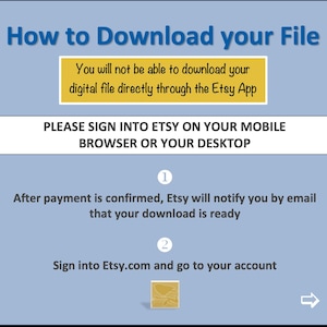 K&ouml;nnte beinhalten: Blau-wei&szlig;e Grafik mit Anweisungen zum Herunterladen einer digitalen Datei von Etsy. Der Text lautet: &bdquo;So laden Sie Ihre Datei herunter.&ldquo; Es wird empfohlen, sich &uuml;ber einen mobilen Browser oder Desktop bei Etsy anzumelden. Die Schritte 1 und 2 sind aufgef&uuml;hrt.