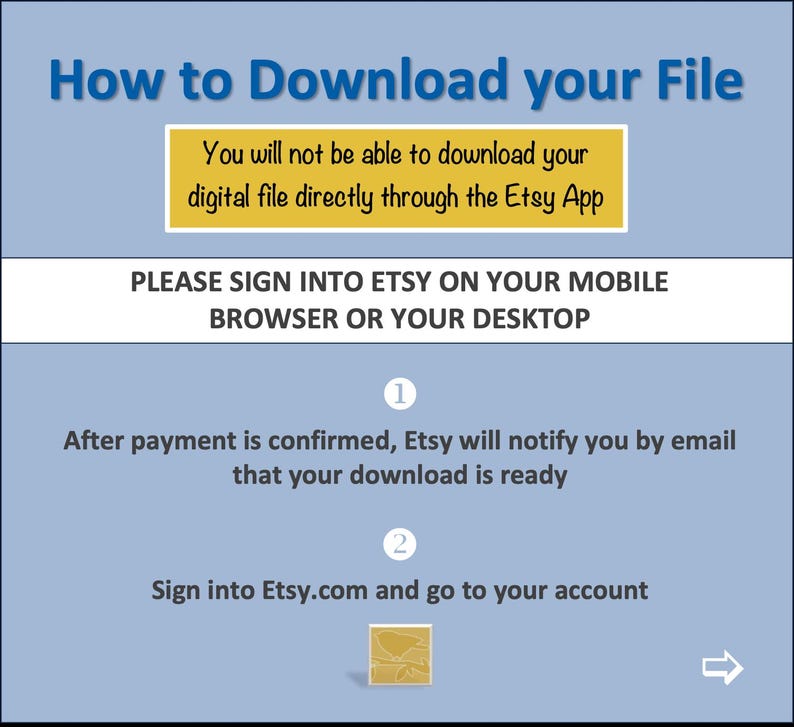 K&ouml;nnte beinhalten: Blau-wei&szlig;e Grafik mit Anweisungen zum Herunterladen einer digitalen Datei von Etsy. Der Text lautet: &bdquo;So laden Sie Ihre Datei herunter.&ldquo; Es wird empfohlen, sich &uuml;ber einen mobilen Browser oder Desktop bei Etsy anzumelden. Die Schritte 1 und 2 sind aufgef&uuml;hrt.
